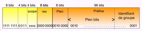 Format de l'adresse multicast temporaire dérivée d'un préfixe unicast IPv6